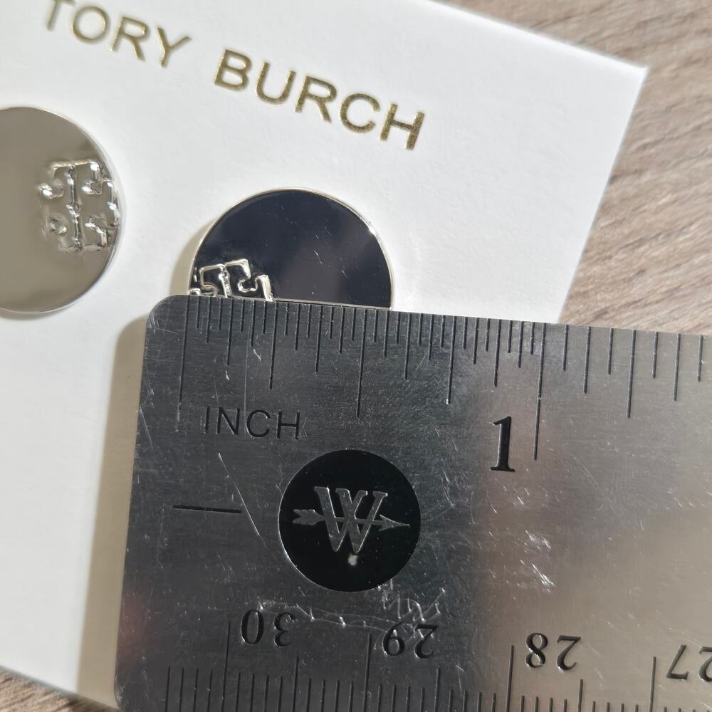 NEW Tory Burch Serif Stripe Disc Stud Earrings Silver Double T Logo - Picture 5 of 5
